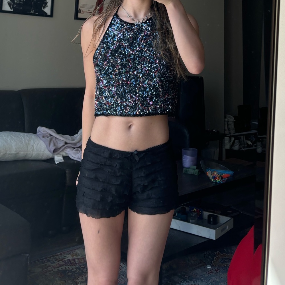NEW WITH TAGS Emma Black Silk embellished Sequin Halter Crop Top Cami tank top